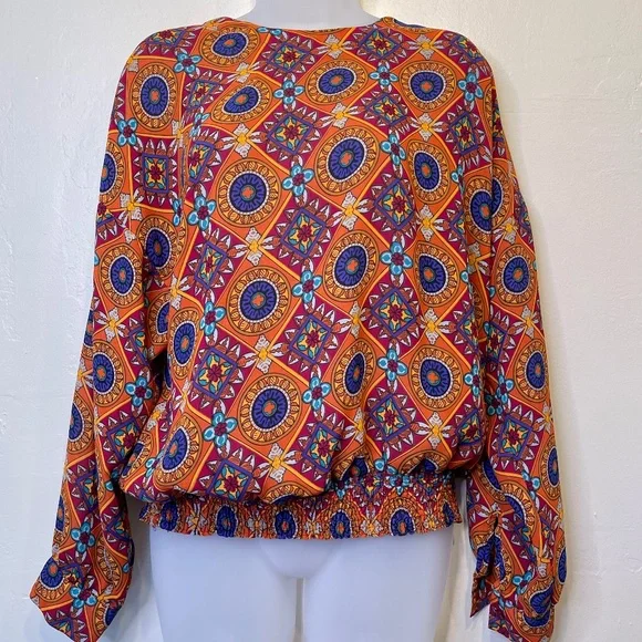 Sharpely | VTG Geo Print Cinched Waist Long Sleeve Round Neck Lightweight Blouse - Picture 3 of 11